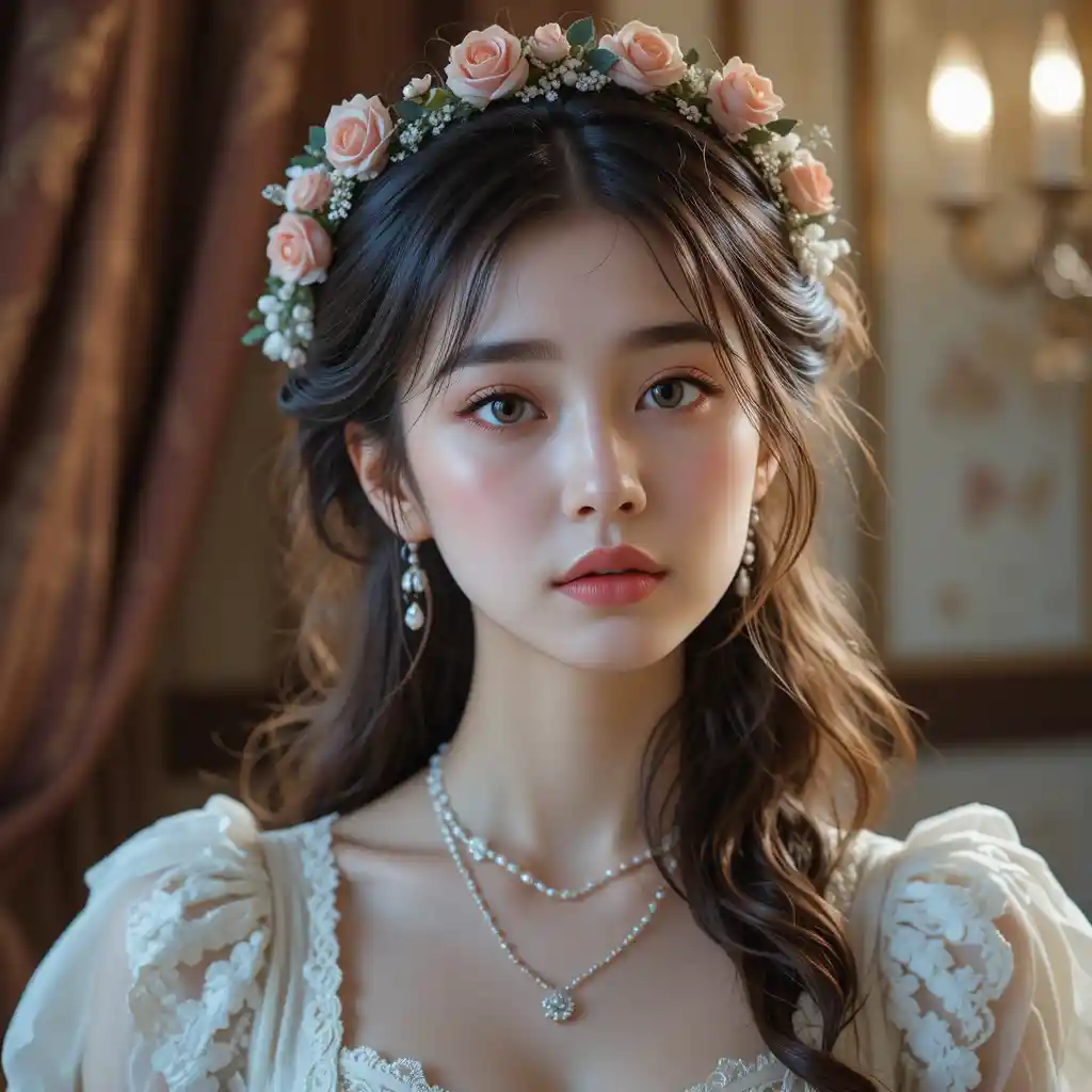 Young woman in floral crown and victorian lace gown