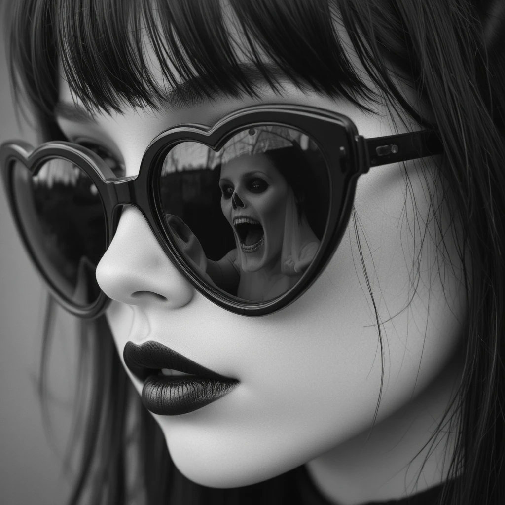 Gothic girl close up with heart sunglasses and ghost reflection