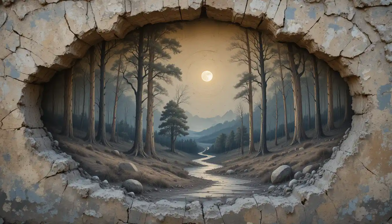 Weathered forest mural under a glowing full moon