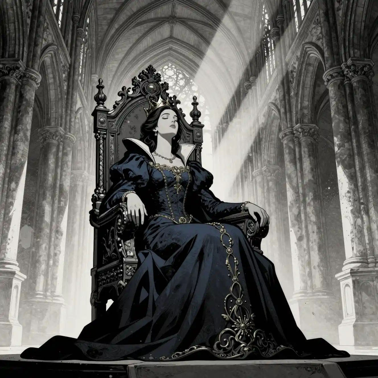 Reina melancólica descansando en un trono en catedral gótica