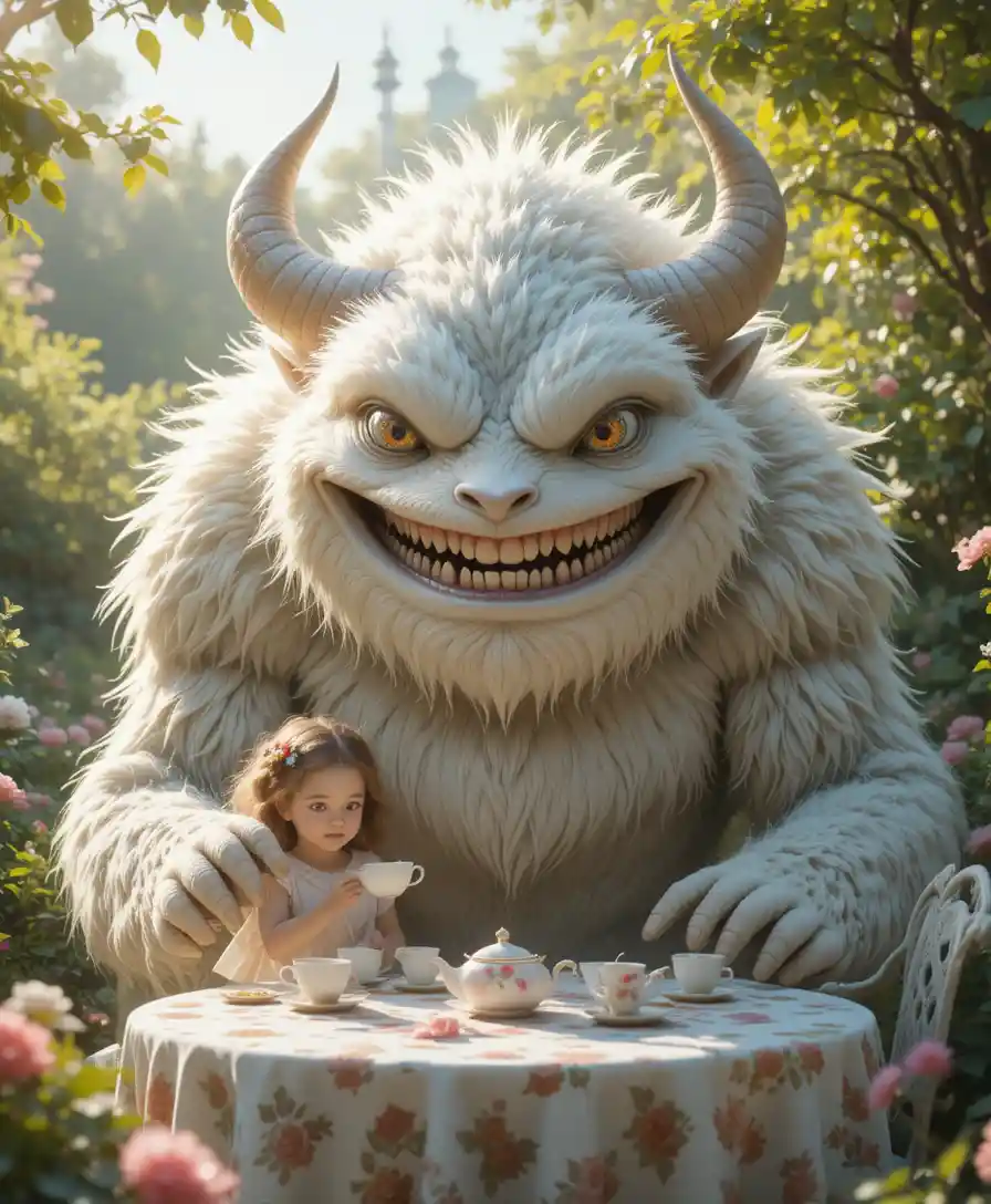 Niña diminuta tomando té con un enorme monstruo peludo con cuernos