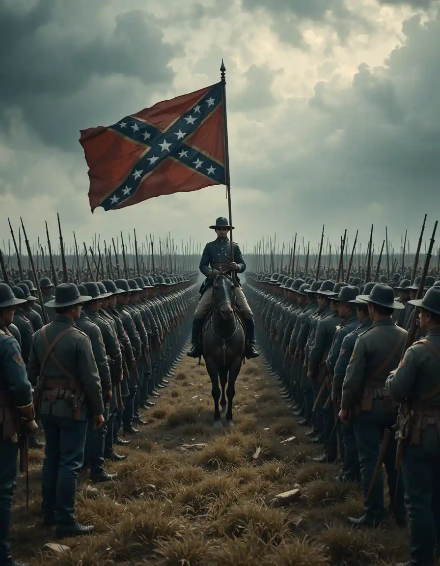 Civil war soldiers standing in formation under dark skies