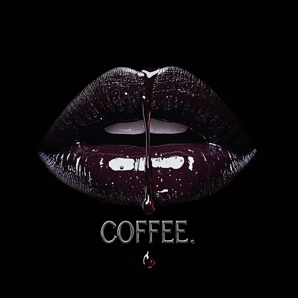 Extremes Nahaufnahme-Foto von Lippen mit herabfallendem Kaffee vor schwarzem Hintergrund