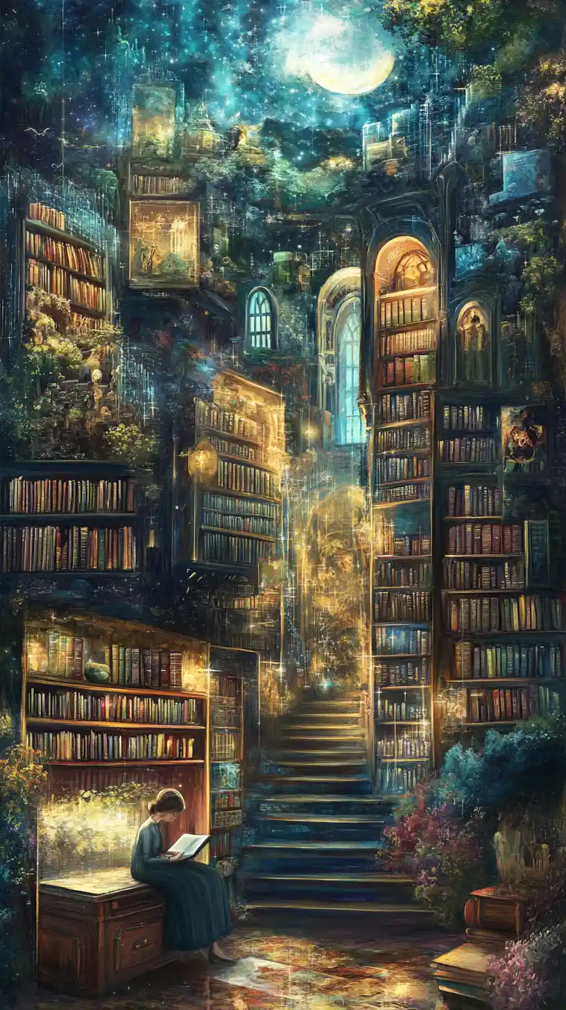 Mystical library with a tranquil reading nook in shifting panels