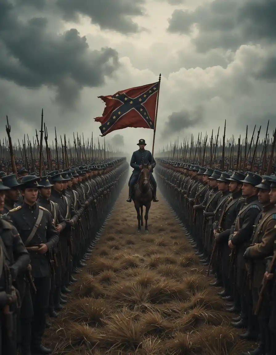 Civil war soldiers stand in formation under dark stormy sky