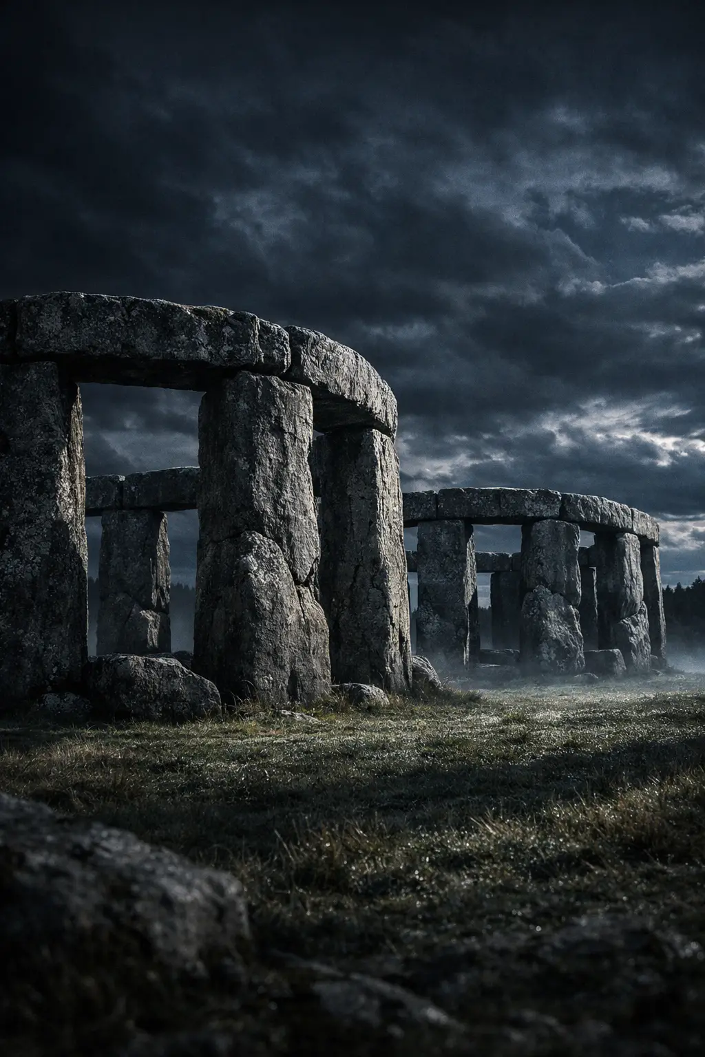 Moonlit stone circles rising above misty dew covered grass