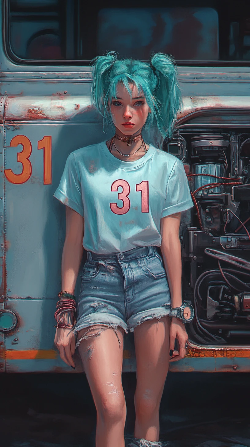 Chica de cabello turquesa junto a un autobús oxidado en un garaje