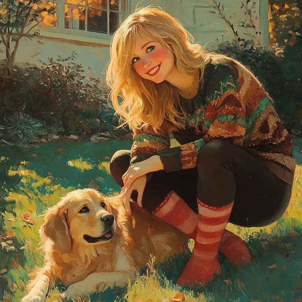 Girl cuddling saint bernard dog in a sunny winter garden