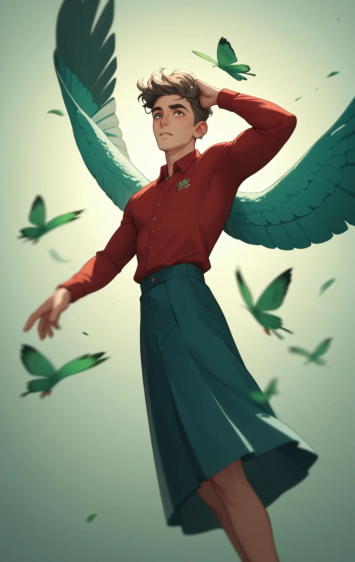 Owl headed man in flowing red linen chasing dragonfly