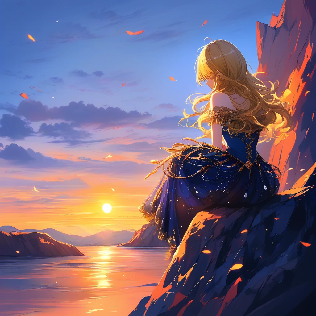 Teenage girl in flowing dress on cliff at sunset