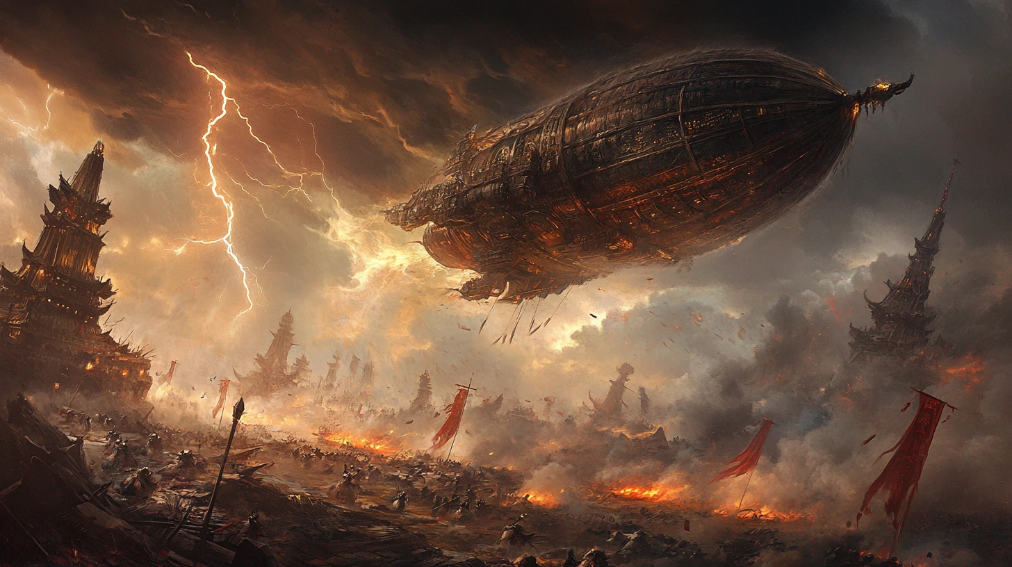Colossal oriental airship battling storm over ancient battlefield