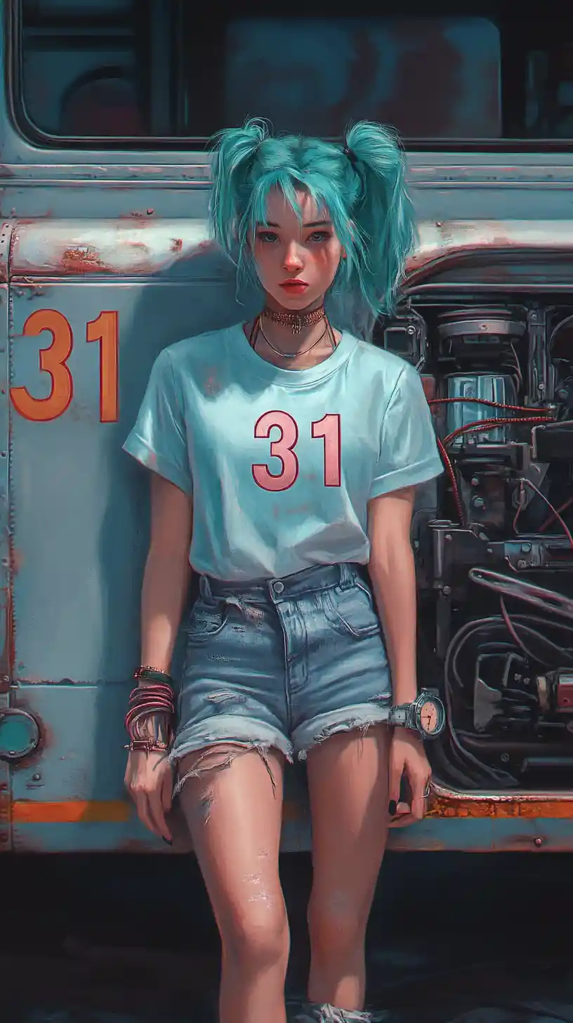 Chica de cabello turquesa junto a un autobús oxidado en un garaje