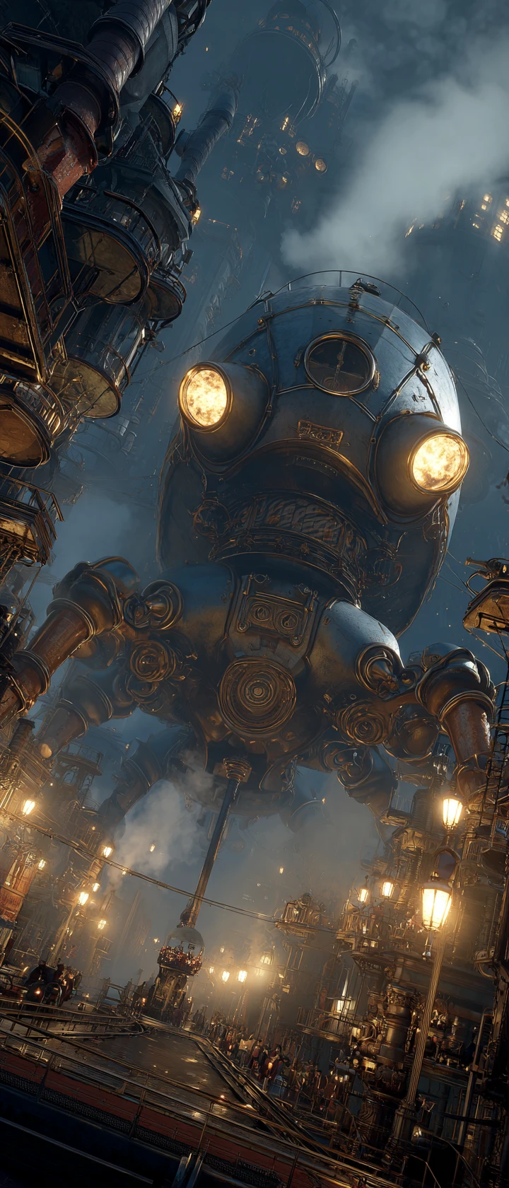 Gigantic steampunk ant towering over industrial cityscape