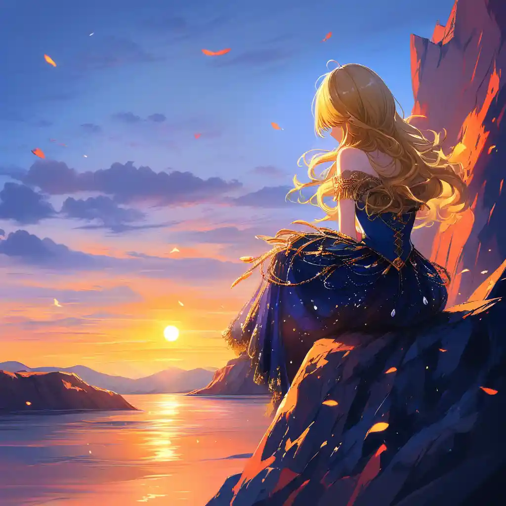 Teenage girl in flowing dress on cliff at sunset