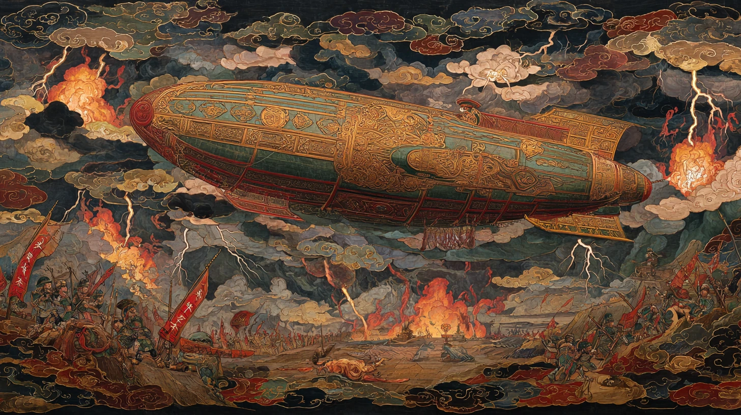 Colossal Oriental Airship Fighting A Storm Over Battlefield