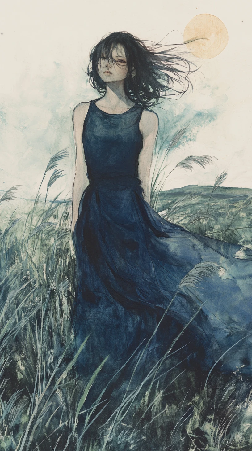 Young woman in blue dress standing in windy grassy field