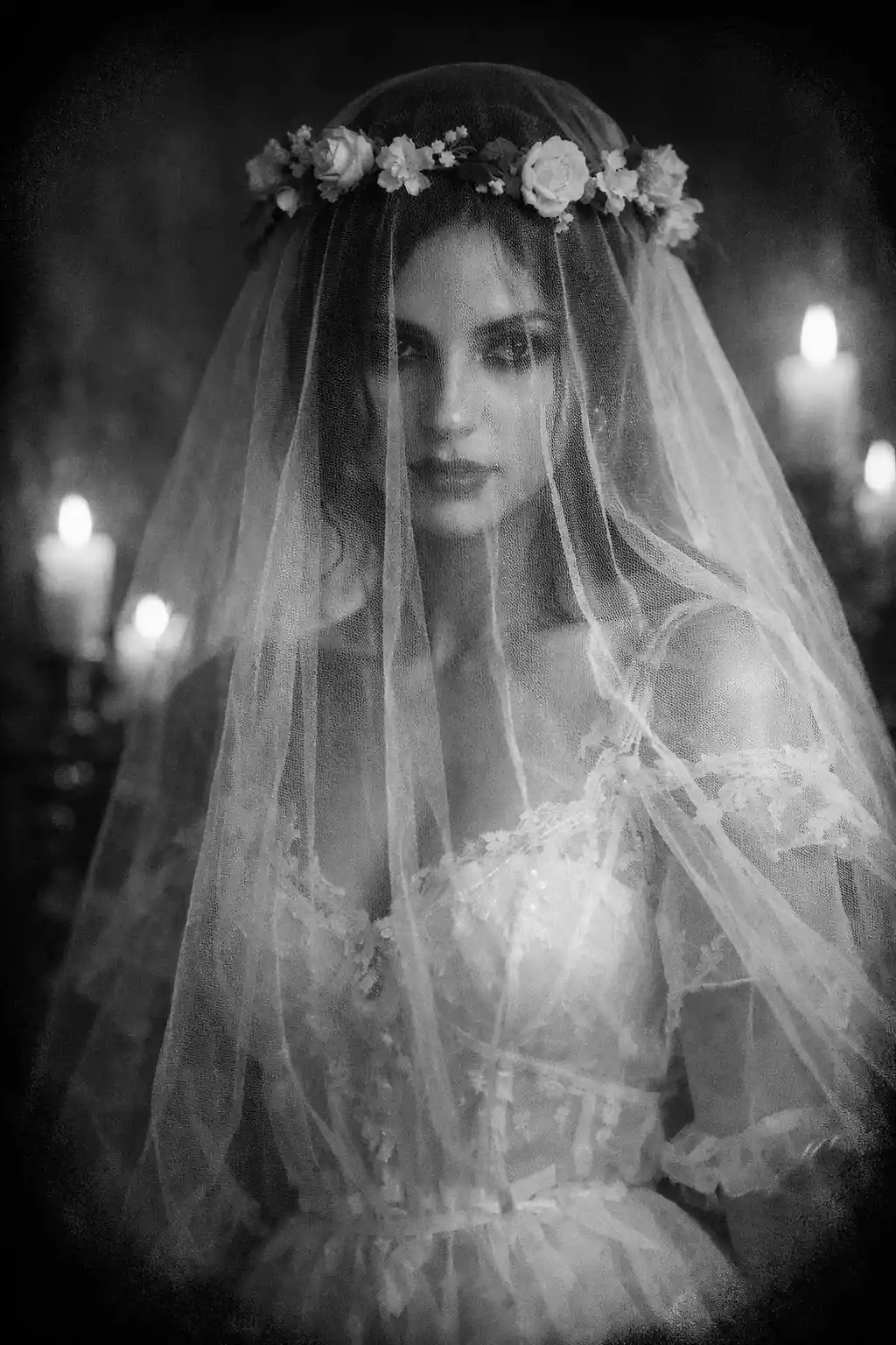 Sposa misteriosa con velo bianco trasparente nelle ombre illuminate dalle candele