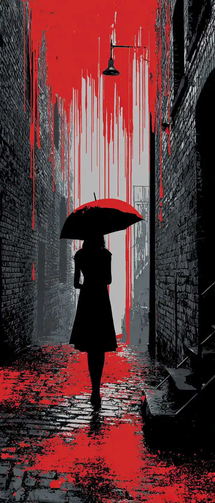 Anime woman walking alone down a rainy city alley