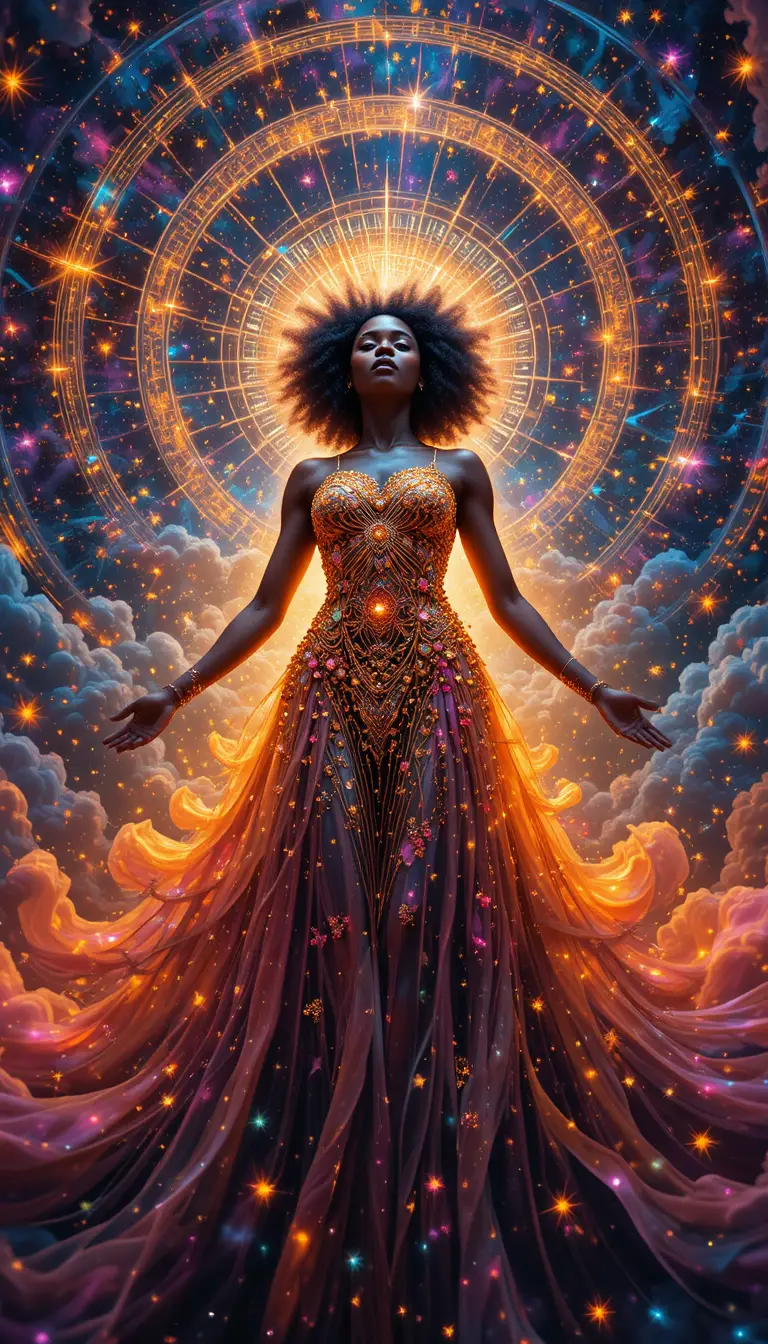 African woman rising from a neon cosmic vortex