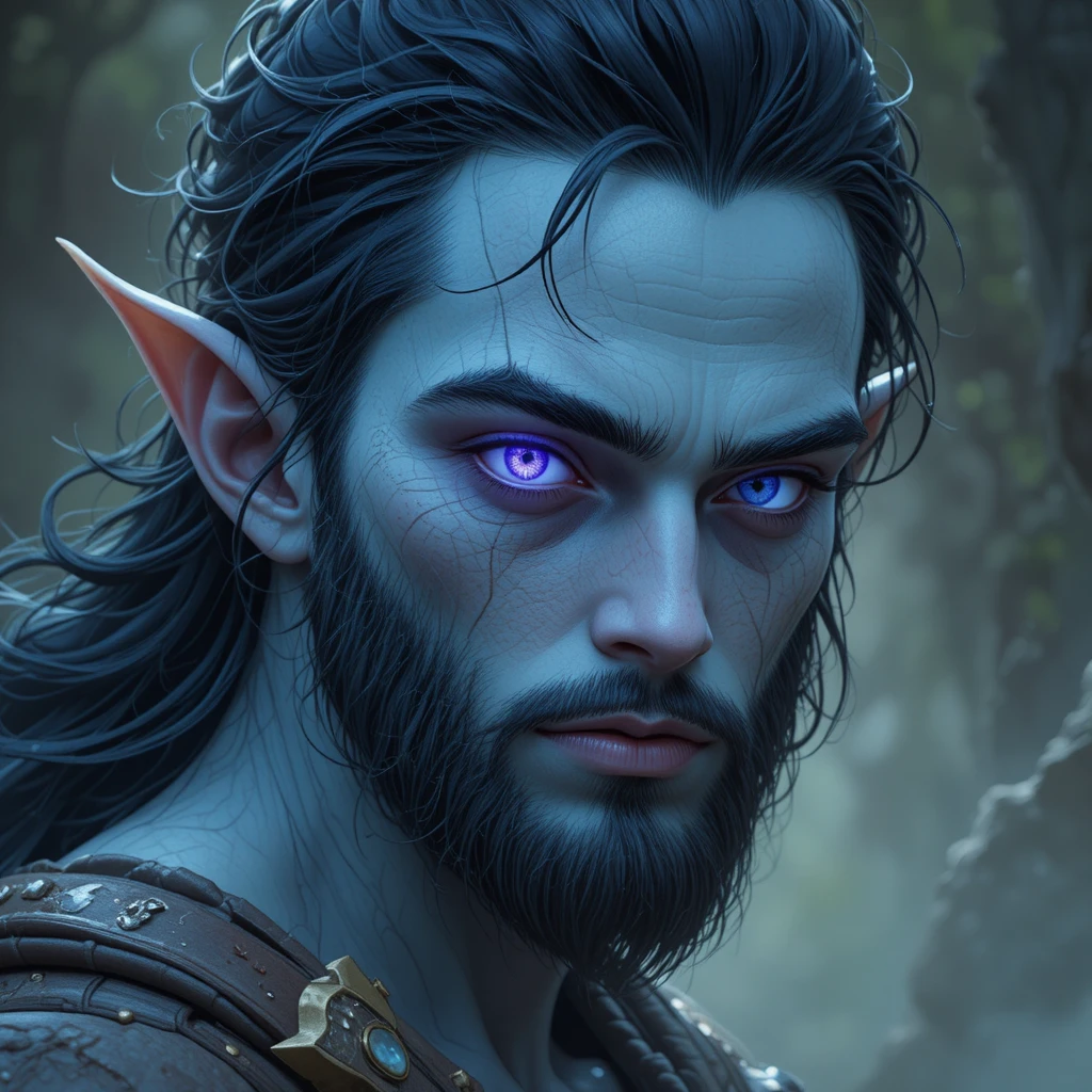 Fantasy mage with glowing violet and blue eyes