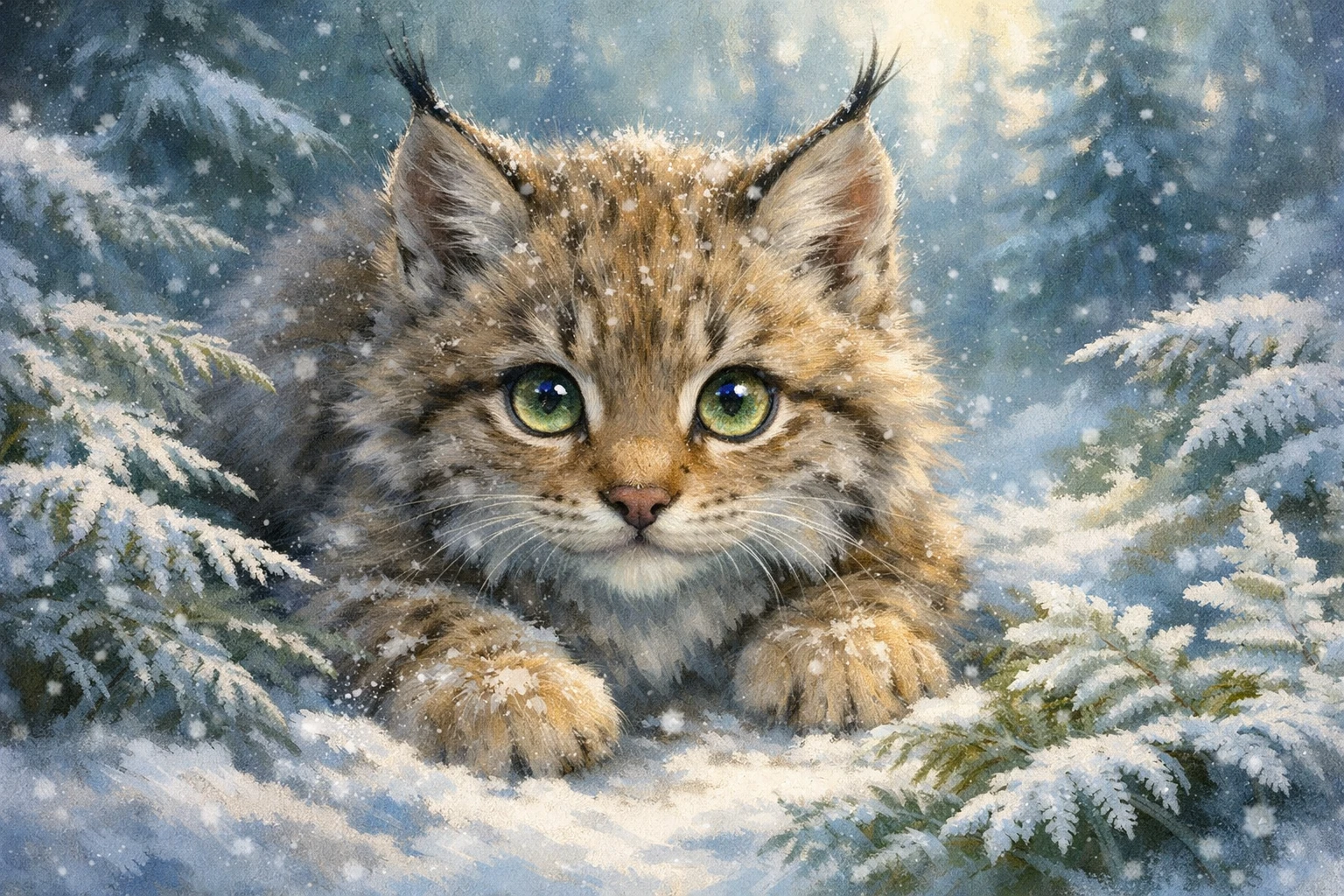 雪の森のシダの茂みにいる遊び好きな子オオヤマネコ