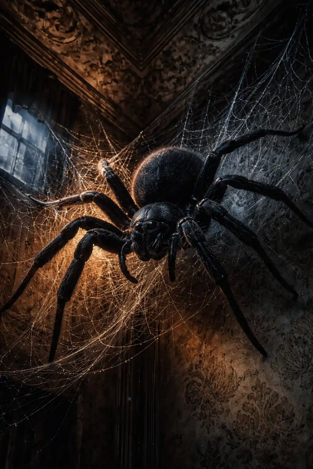 Black spider in web inside old victorian villa corner