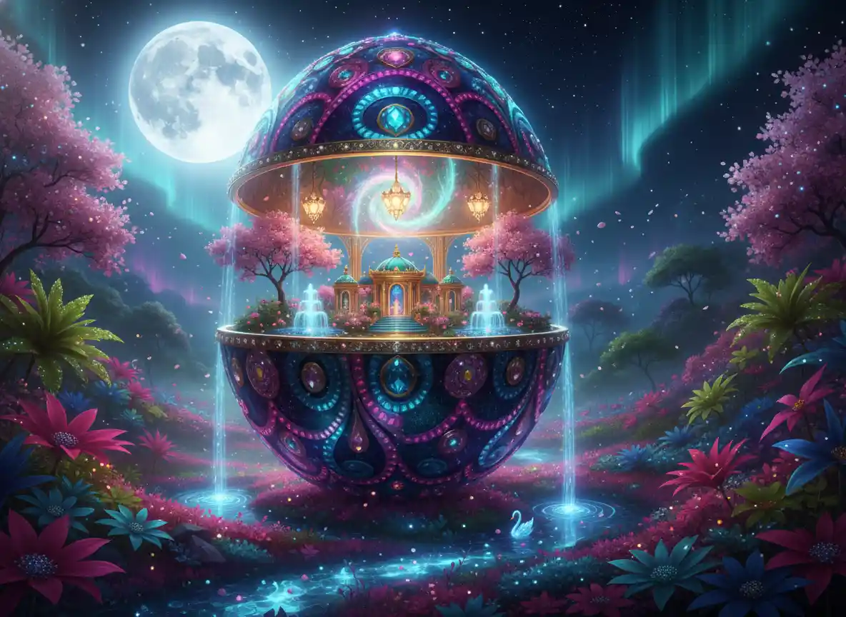 Jeweled faberge egg portal in a mystical moonlit meadow