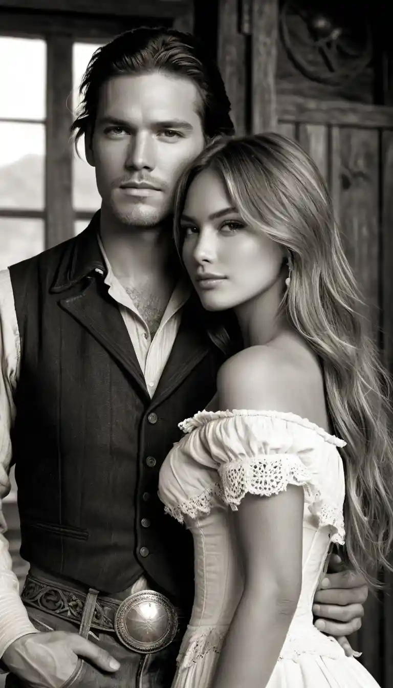 Romantic wild west couple portrait with confident gaze