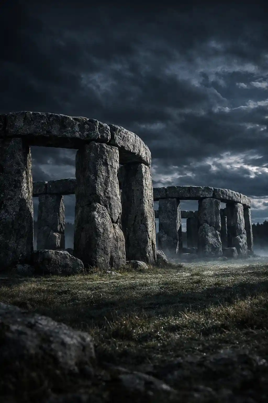 Moonlit stone circles rising above misty dew covered grass