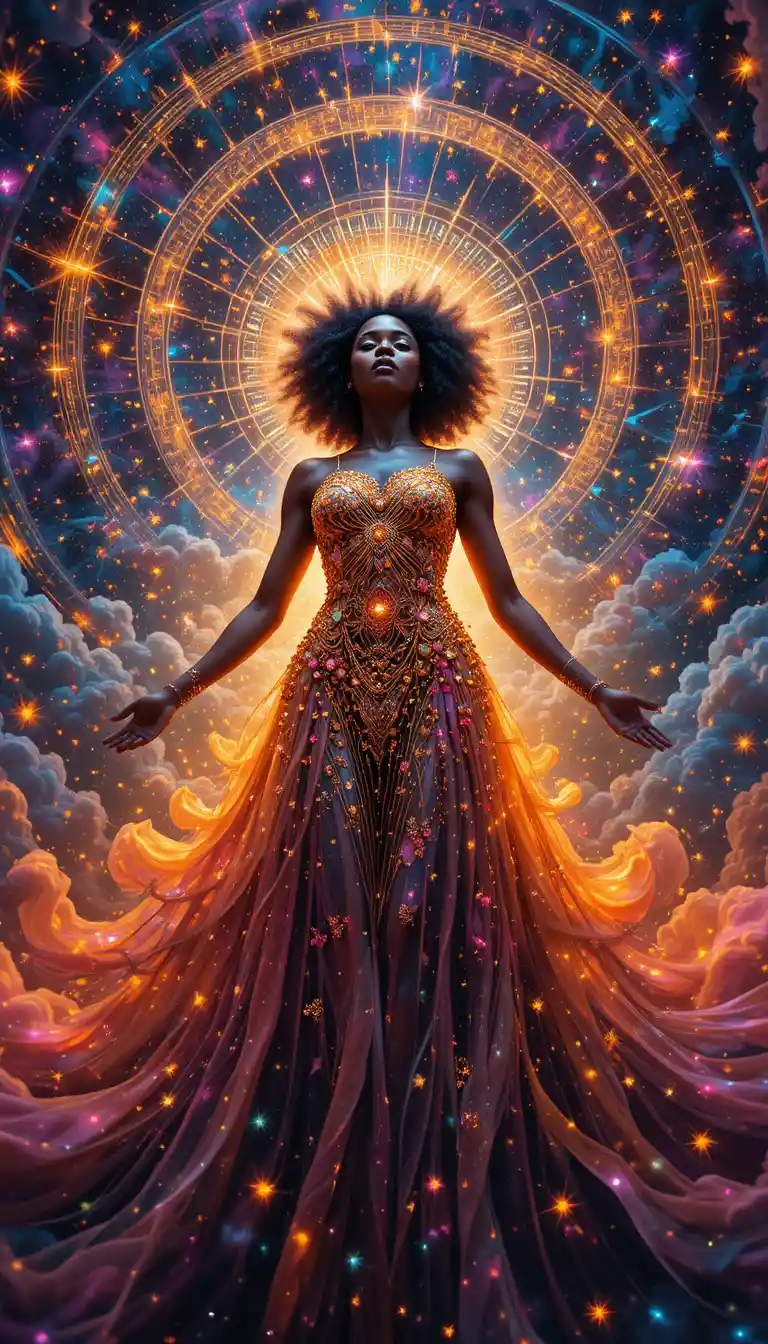 Afrikanische Frau, die aus einem neonfarbenen kosmischen Strudel aufsteigt