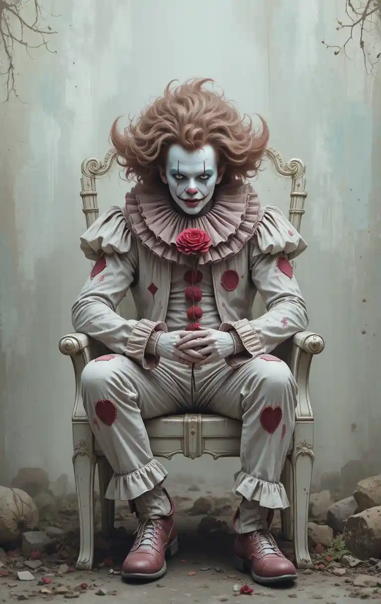 Eerie pale clown relaxing on a worn white chair
