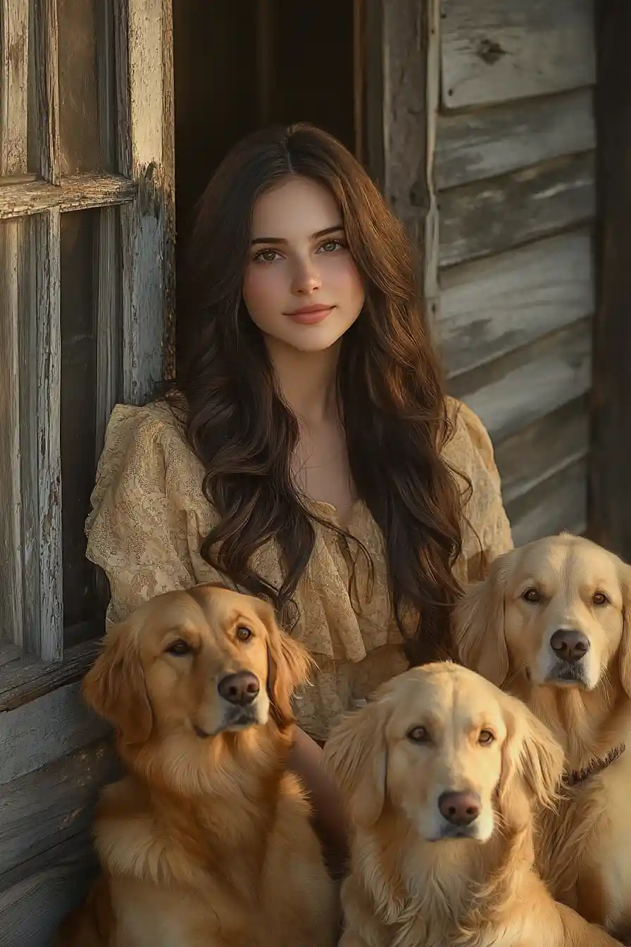 Jeune femme avec des golden retrievers sur un porche en bois