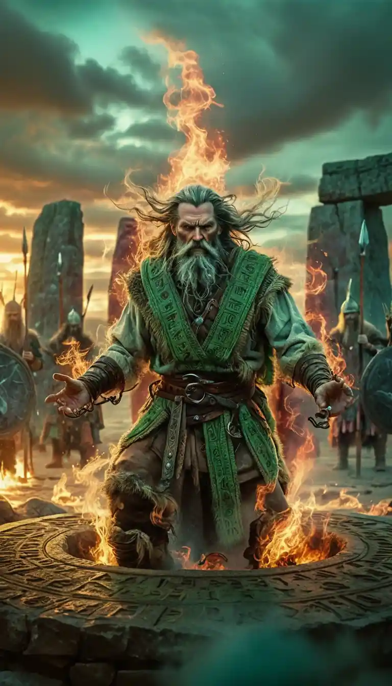 Ancient wizard summoning emerald flames in stone circle