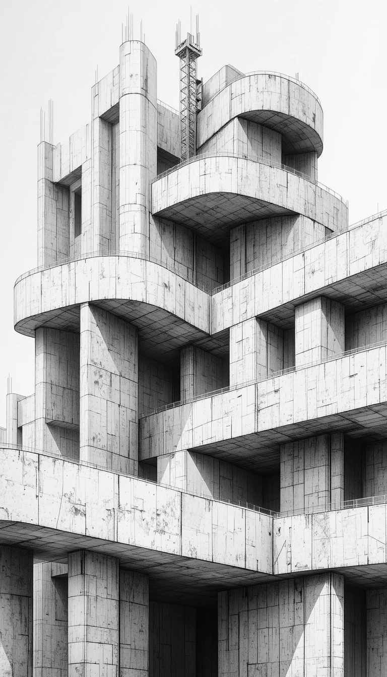 Abstrakte Architekturzeichnung in Tinte mit fließenden, geschwungenen Formen