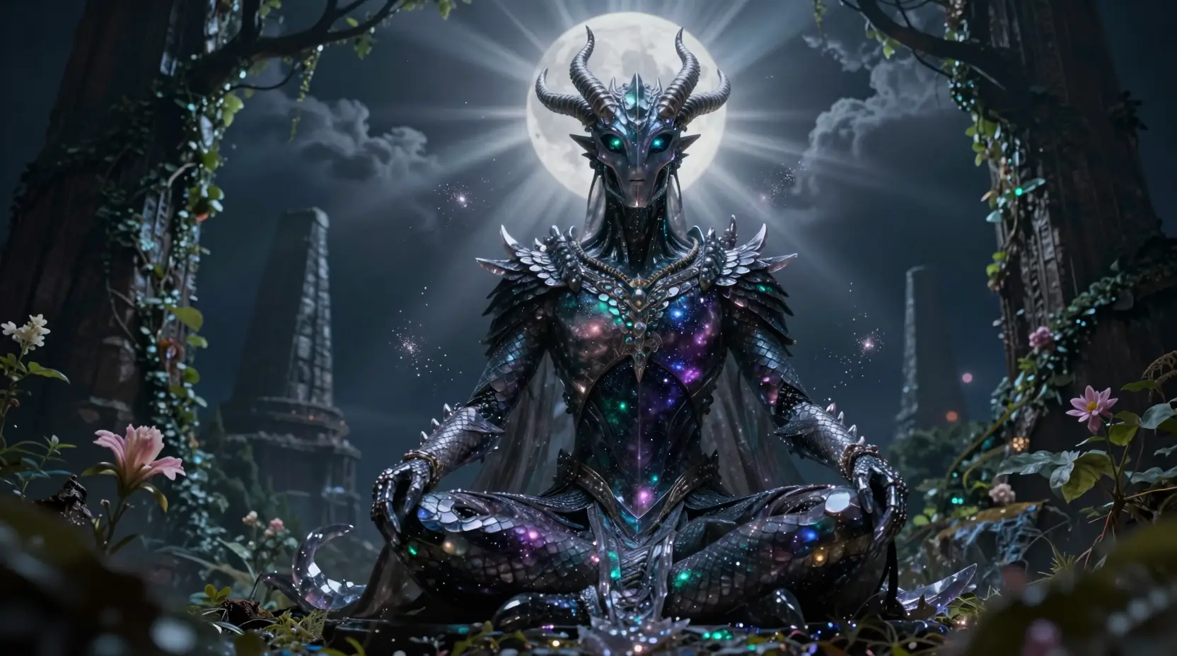 Cyborg druid kneeling in moonlit ancient ziggurat ruins