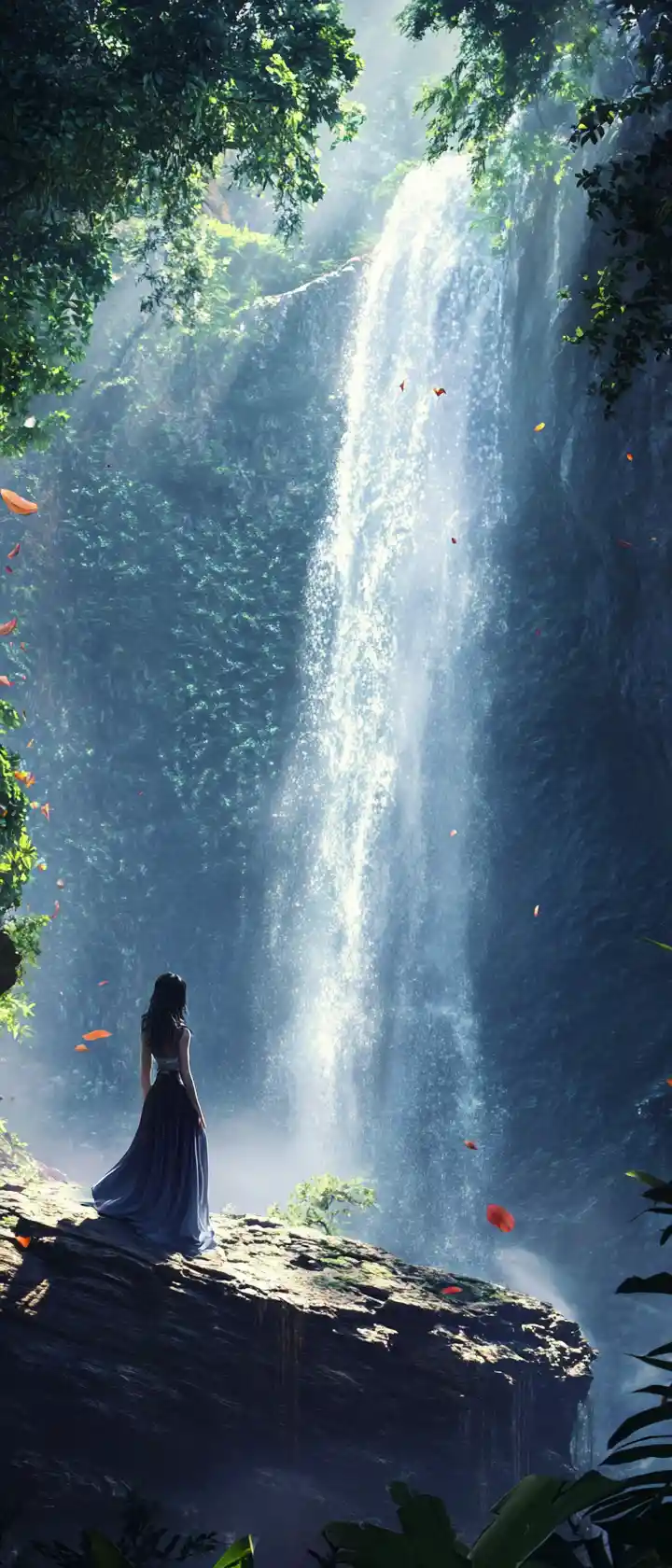 Sorcière dans une ancienne grotte de cascade baignée de lumière mystique