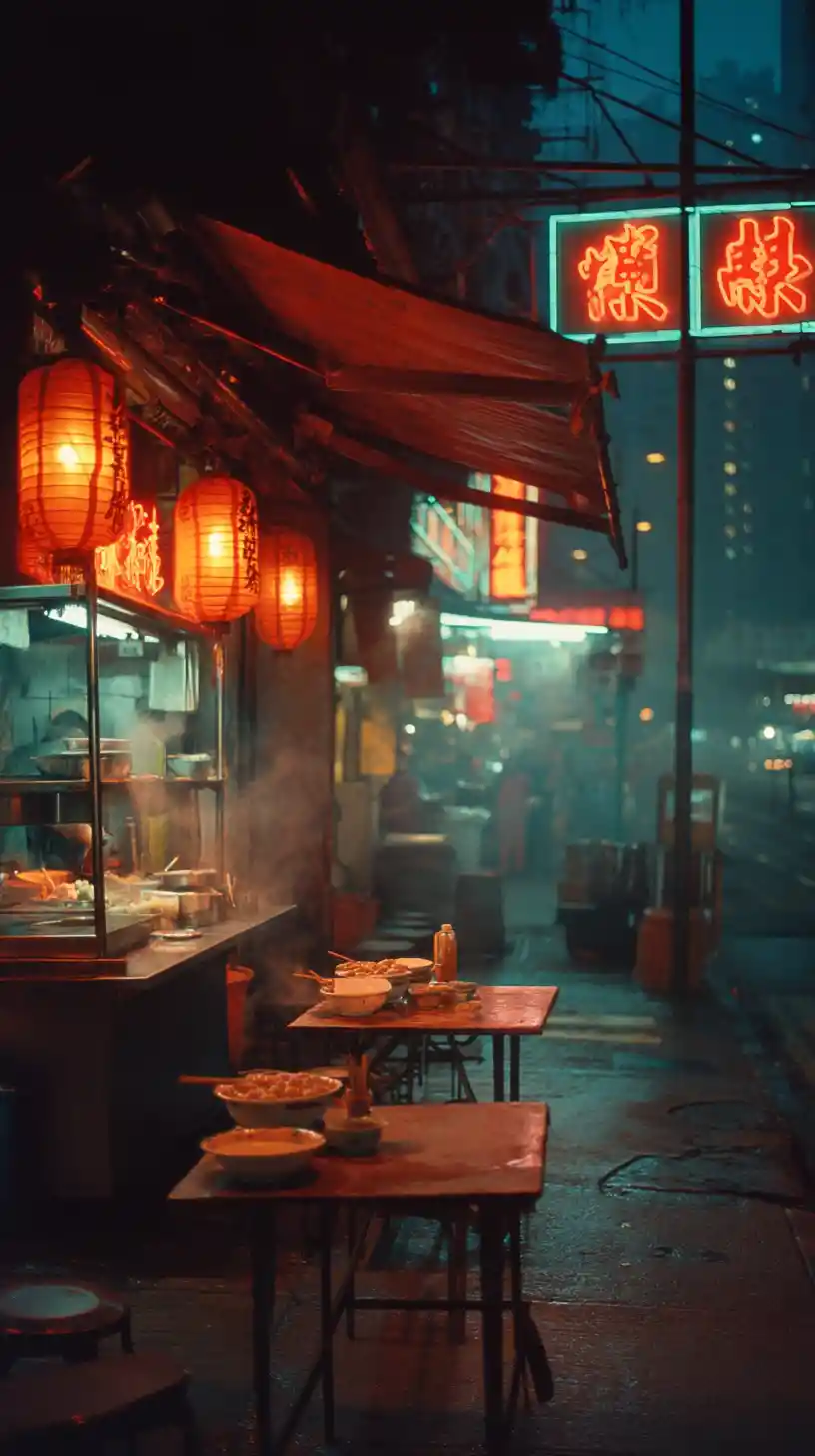 Elderly vendor serving tong sui at a rainy Hong Kong stall