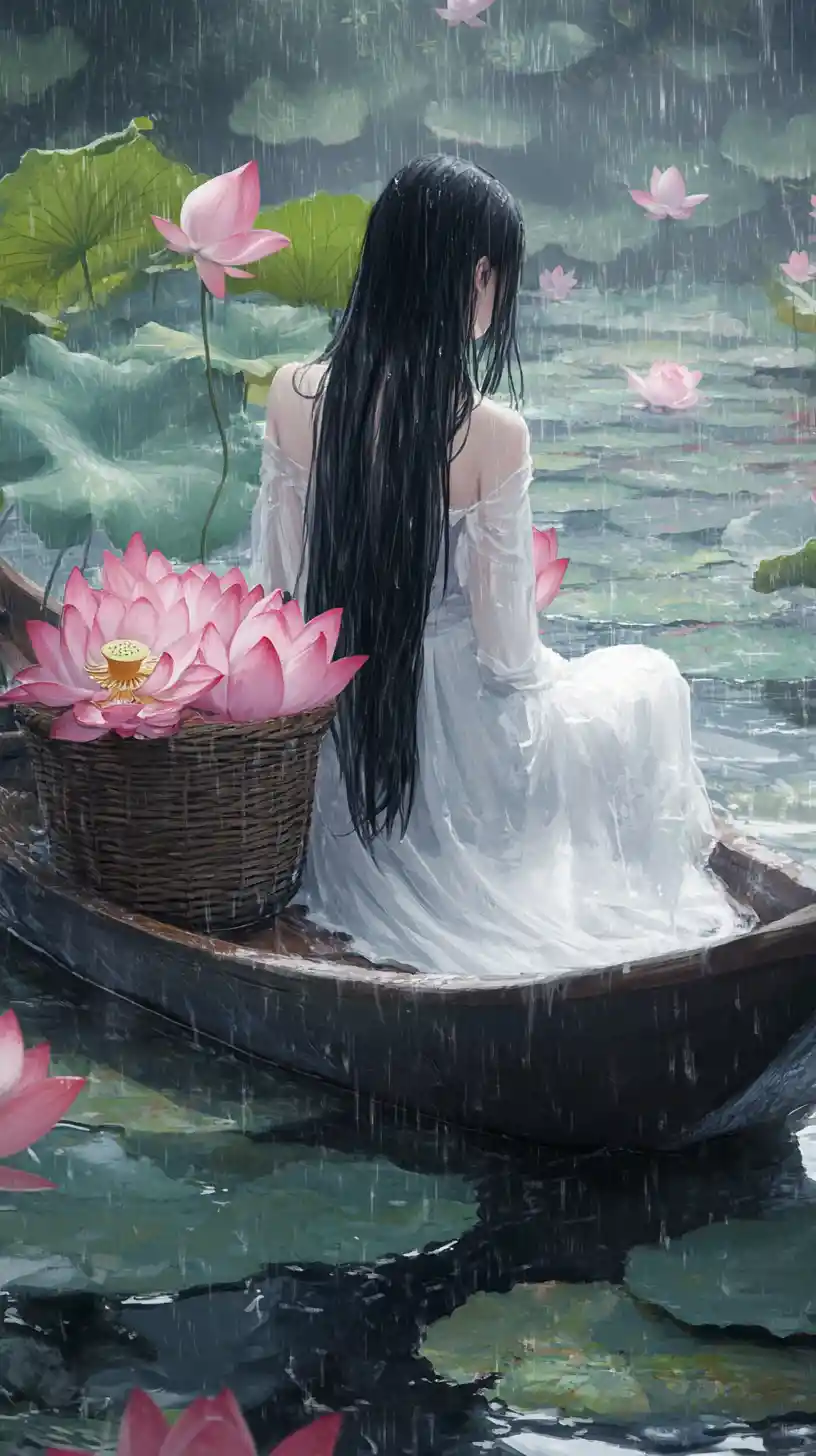 Girl in white dress on boat in rainy lotus pond