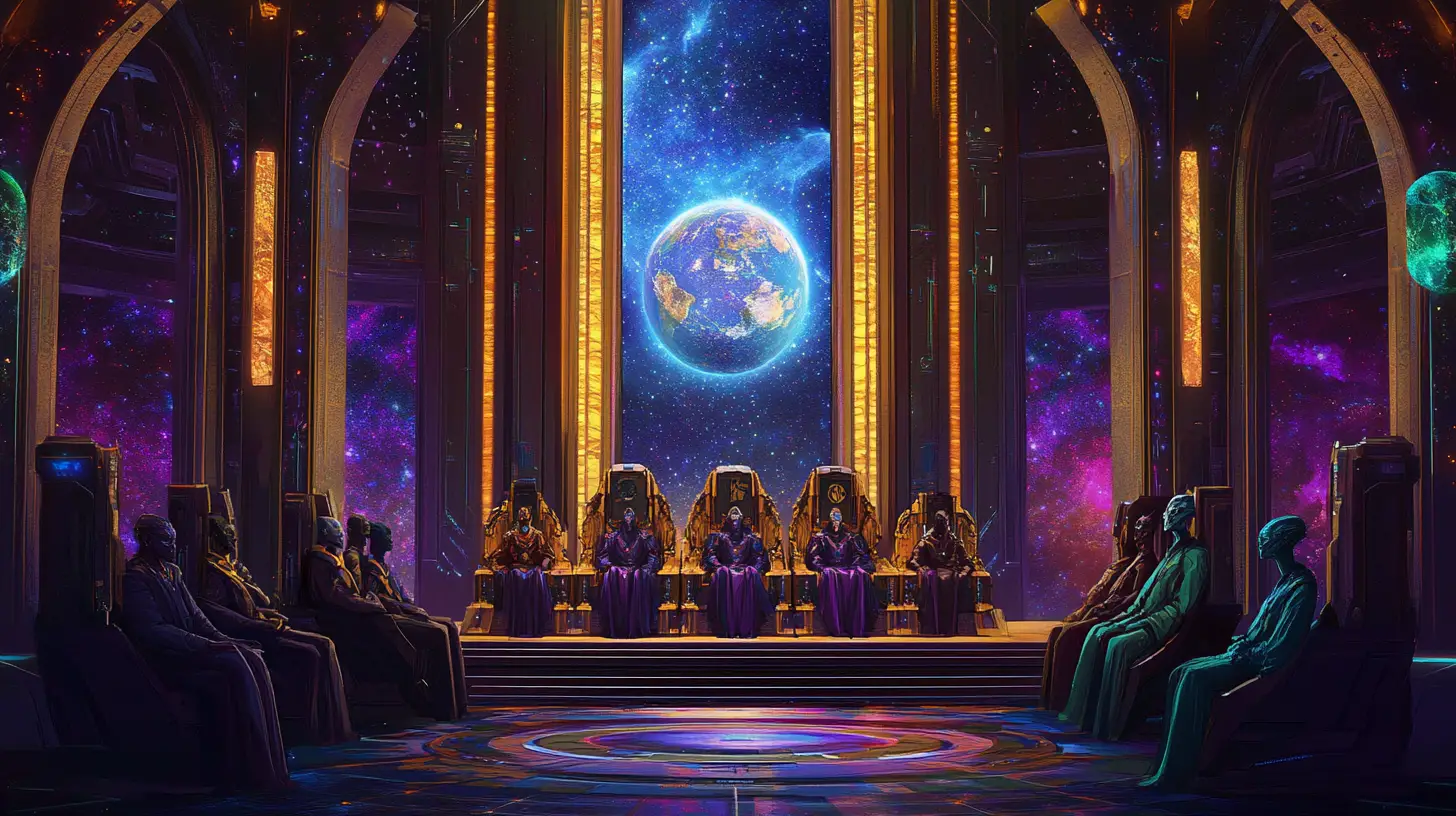 Señores alienígenas se reúnen en un templo cósmico de tiempo y espacio