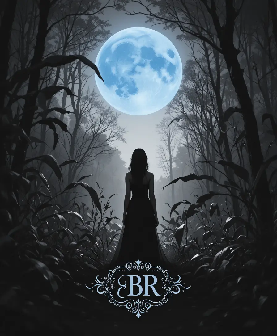 Woman standing in a forest under a blue corn moon