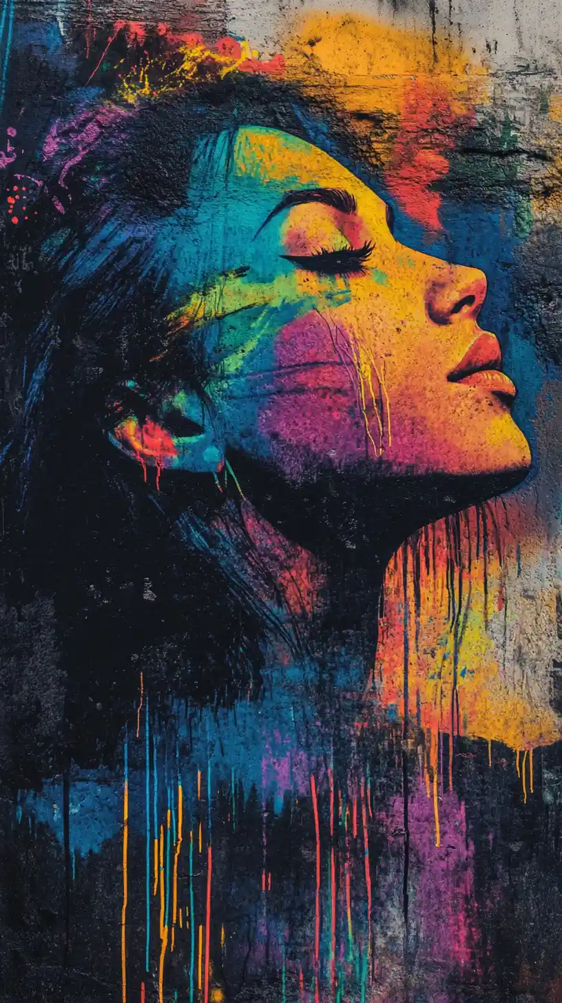 Colorful street art portrait of a serene woman mural