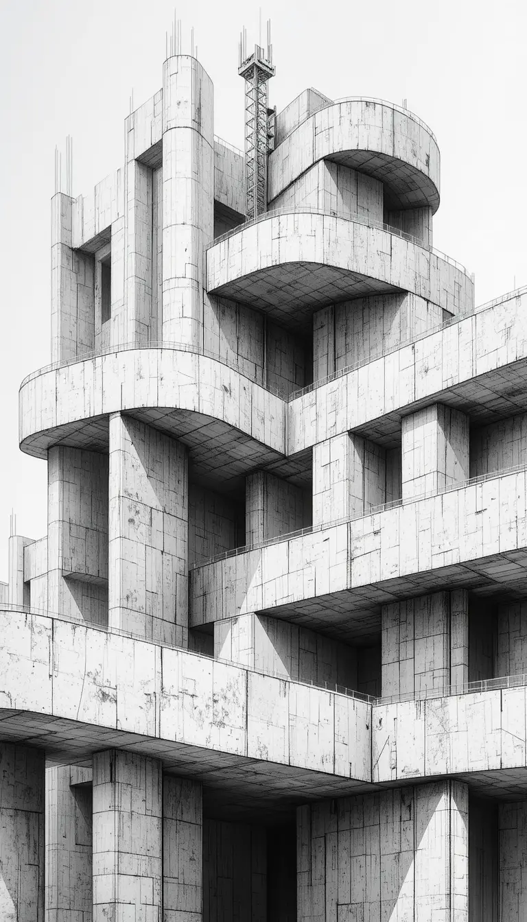 Abstract ink architectural drawing with flowing curved forms