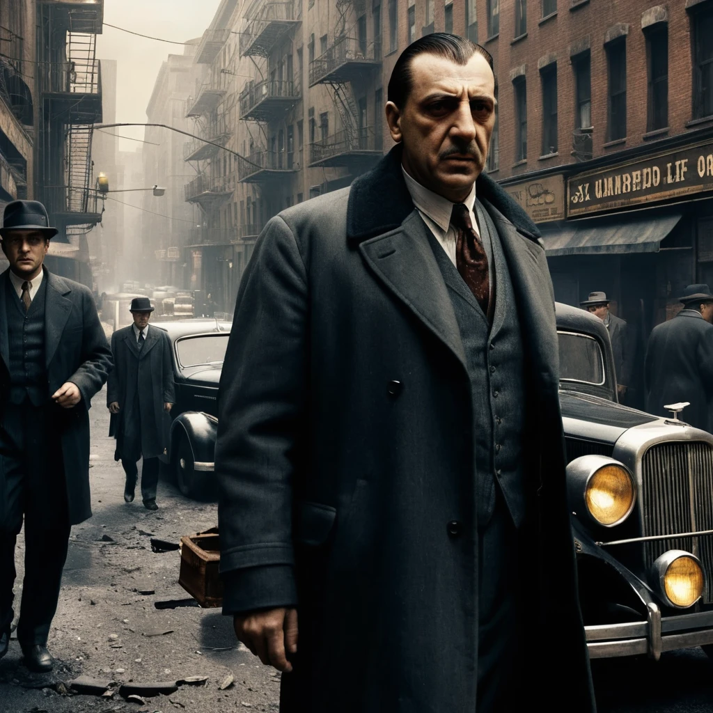 Gritty city taxi scene in a crime ridden 1930s street