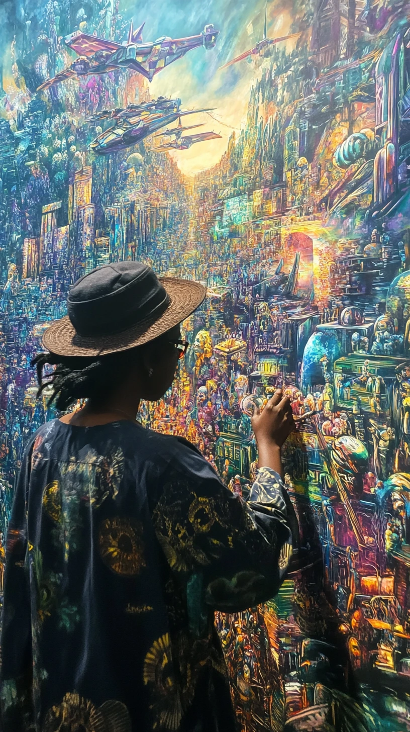 Artista de ébano ante un vasto mural futurista