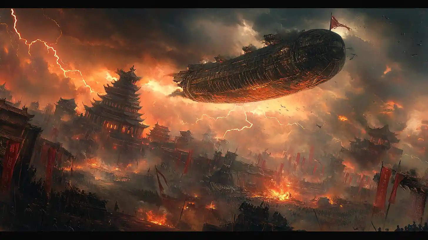 Colossal Oriental Airship Fighting A Storm Above Battlefield