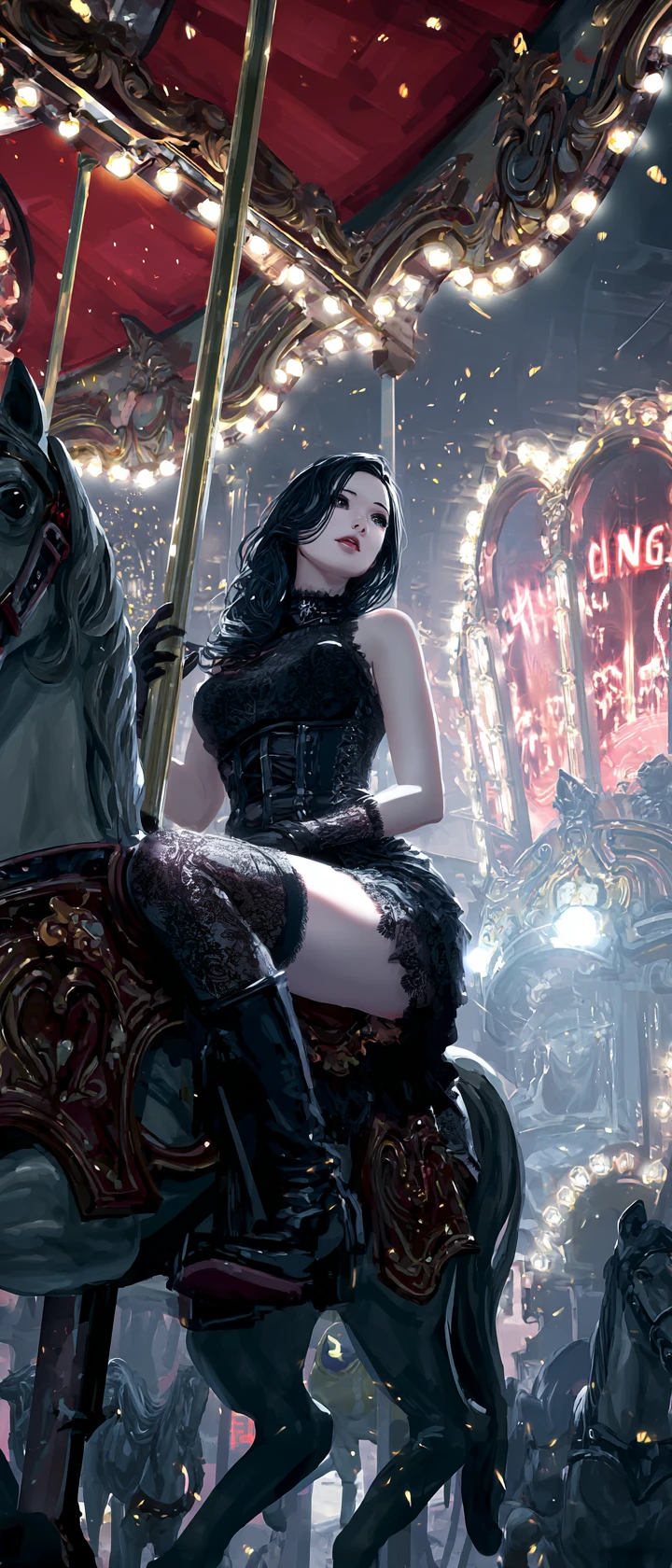 Gothic woman on a decaying carousel in eerie fog