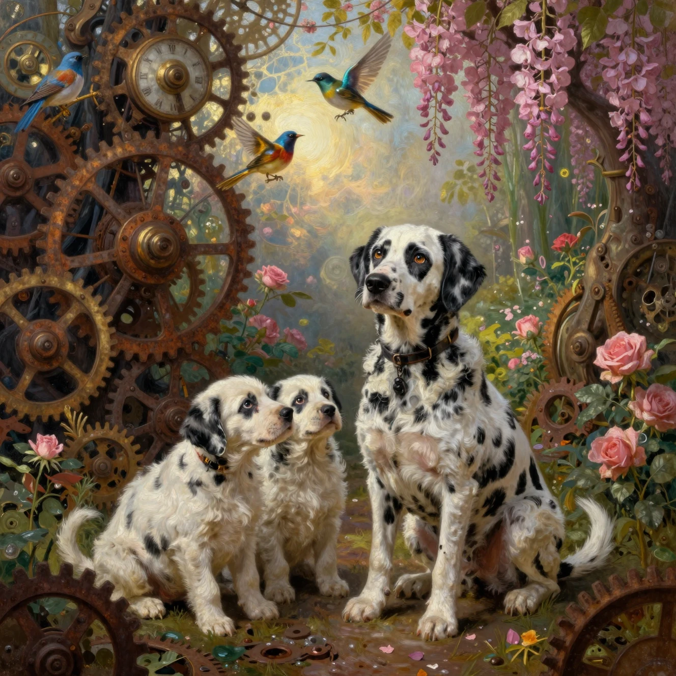 Famiglia di dalmata malinconica in un giardino fantasy a ingranaggi