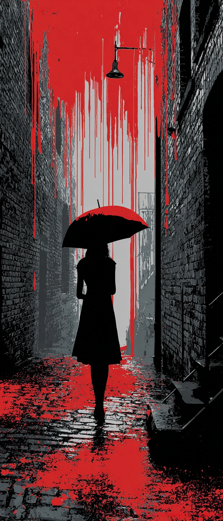 Anime woman walking alone down a rainy city alley