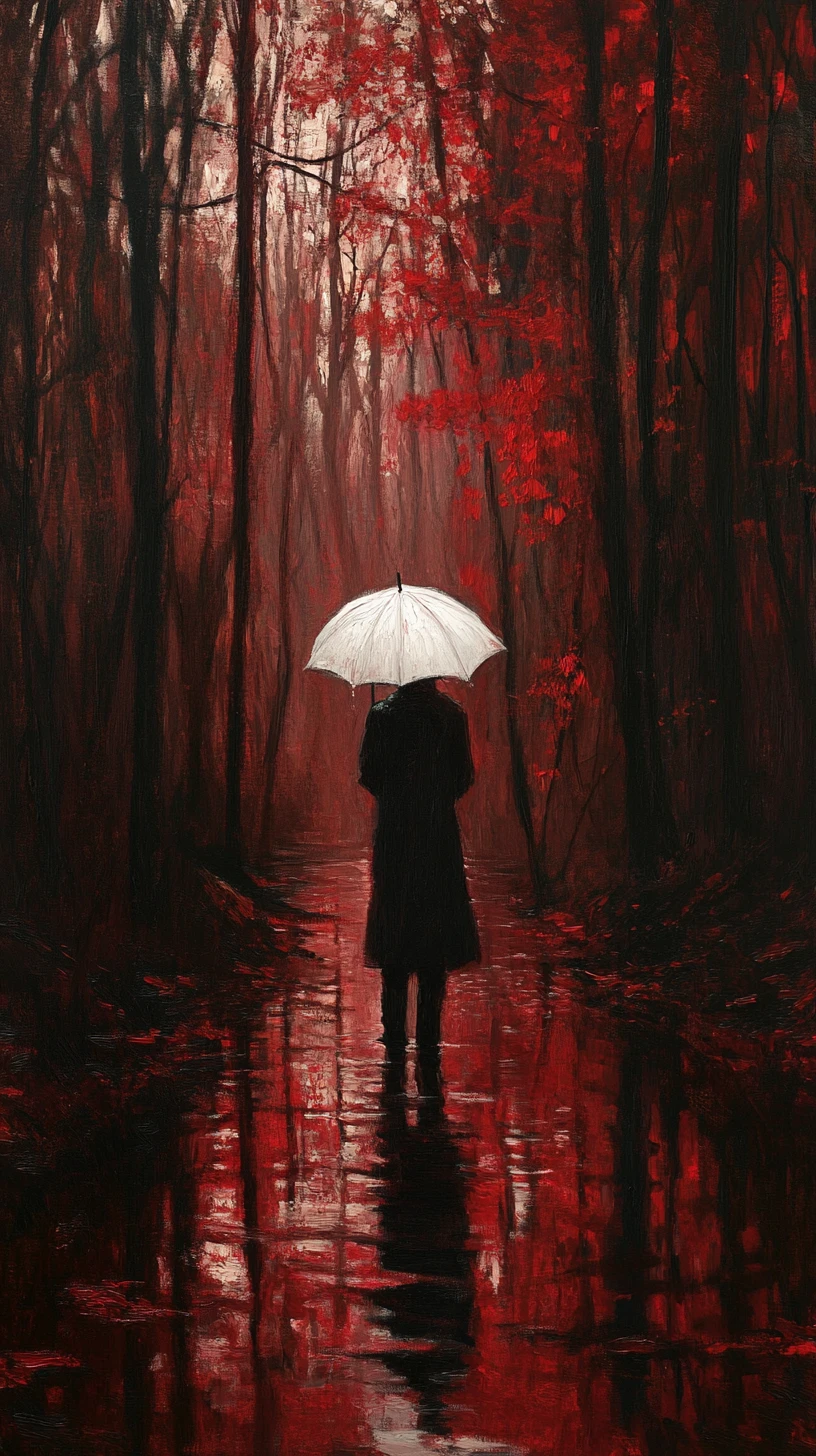 Figura con paraguas blanco en bosque rojo neblinoso