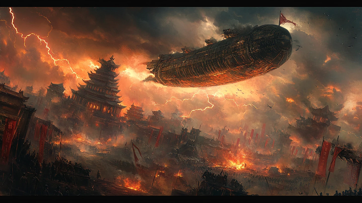 Colossal Oriental Airship Fighting A Storm Above Battlefield